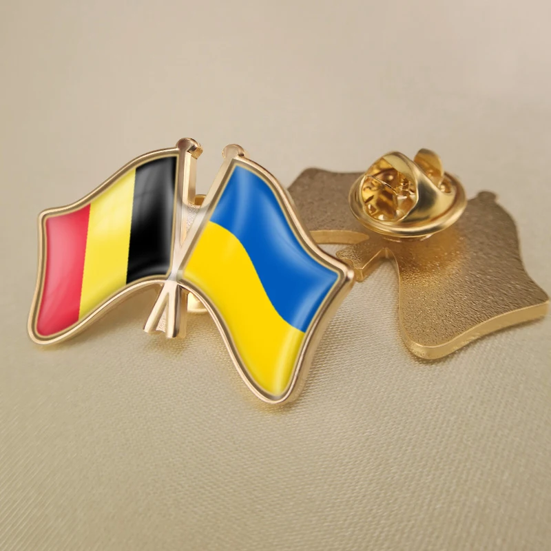 Ukraine and Belgium Crossed Double Friendship Flags Lapel Pins Brooch Badges