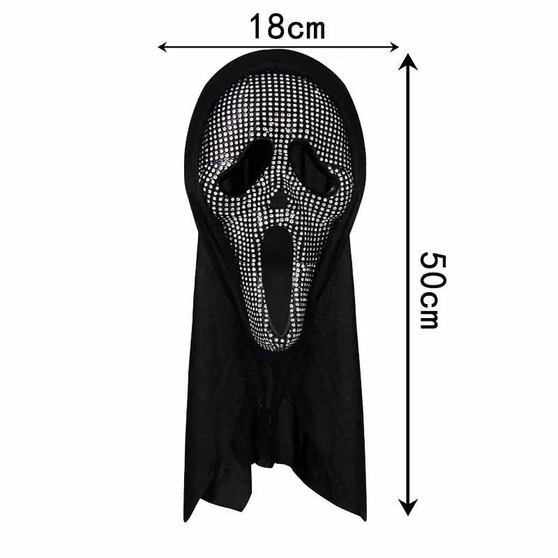 Halloween Rhinestone Scream Ghost Face Mask Black Hooded Horror Skull Mask Adult Cosplay Party Masquerade Costume Accessory