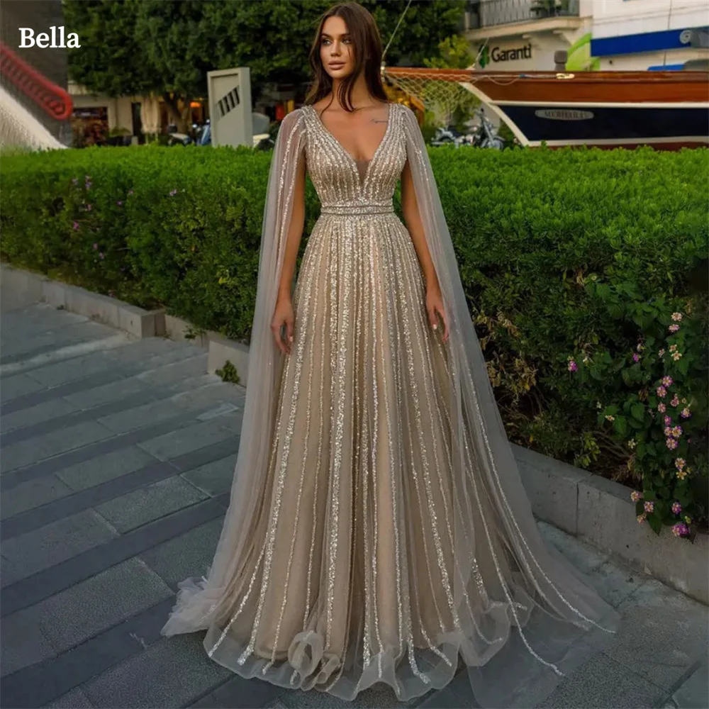 Bella Champagne Glitter Evening Dresses Vneck A-line Wedding Dress Elegant Floor-Length Long Shawl Customized Vestidos De Fiesta