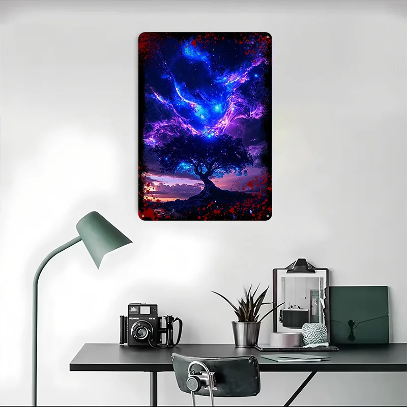 شجرة ليلة مرصعة بالنجوم جدار الفن علامة معدنية الفضاء المشارك الرجعية مخصصة القصدير اللوحة للرجل كهف ديكور غرفة نوم الديكور غرفة المعيشة #4