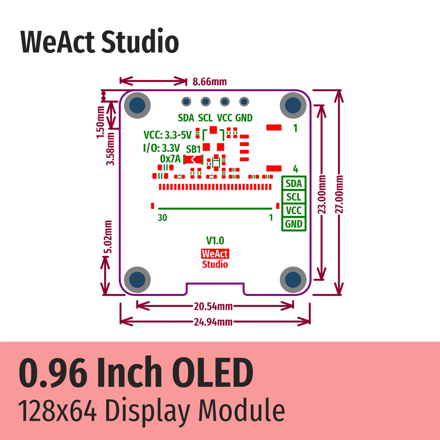 WeAct-Módulo de pantalla OLED IIC de 0,96 pulgadas, tablero de pantalla LCD, fregadero blanco, azul y dorado, alta calidad, 128X64, I2C, SSD1306, 12864