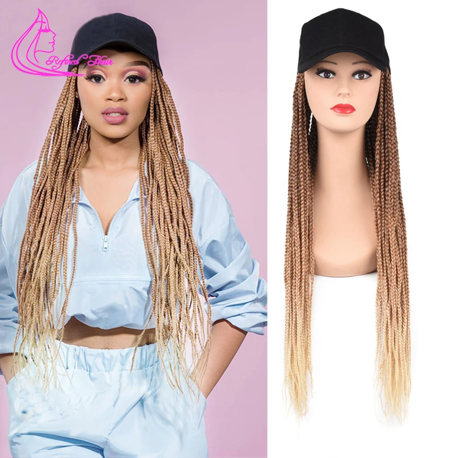 

Baseball Cap with Synthetic Braiding Hair 24inch Long Braid Hat Wig For Black Women Girls Daily Wear Ombre Blue Grey Brown Blond