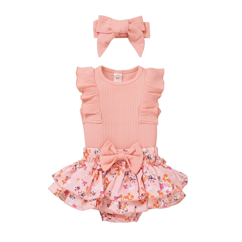 

Girls' Clothing Set: Girls' Ribbed Lace Flutter Sleeve Floral Skirt Four-Color Three-Piece Set One piece dropshipping
