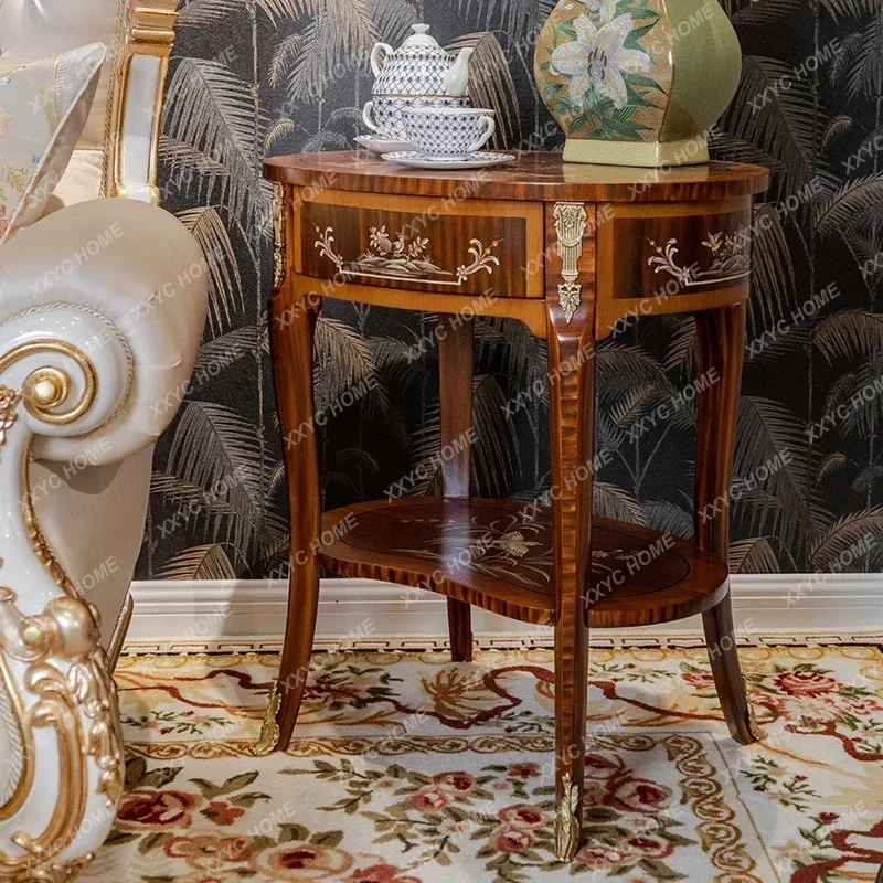 Y  French Luxury Oval Double-Layer Hand-Painted Coffee Table American Country Painted Living Room Sofa Side Table