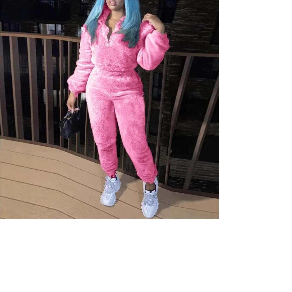 Mode Casual Effen Kleur Pluche Damespak Herfst Winter Nieuwe Ultra Korte Jas Slanke Warme Sportbroek Meisjes 2-delige set