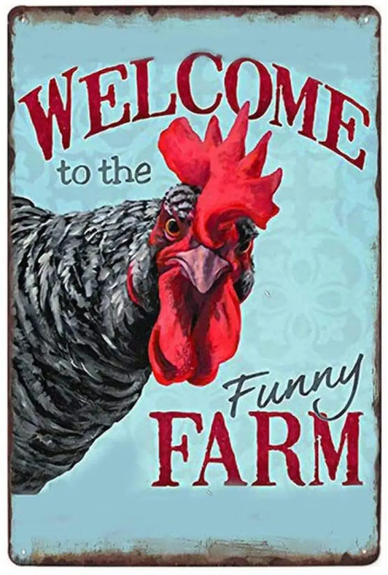 Vintage Tin Poster Welcome to The Funny Farm Country Cottage Chicken Coop Metal Tin Sign   Retro Art Home Bar Restaurant Garage