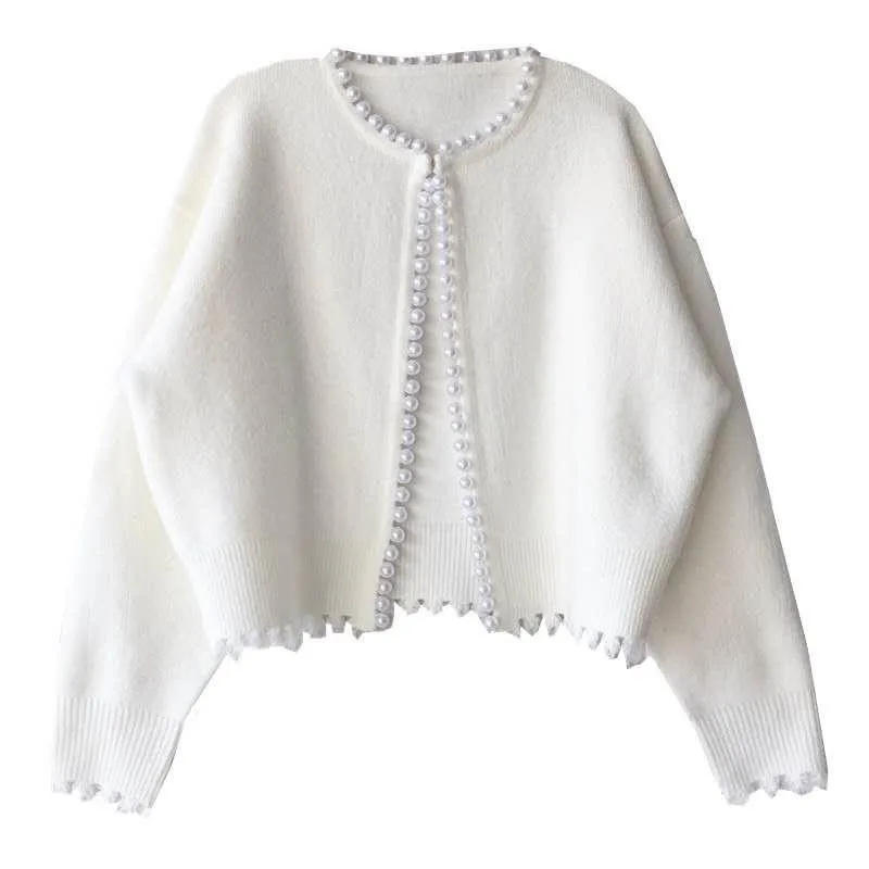 Fairy Fashion Autumn Winter  Pearl Women Cardigan Y2k All Match Knitted Office Lady Lazy Elegant Streetwear Coat