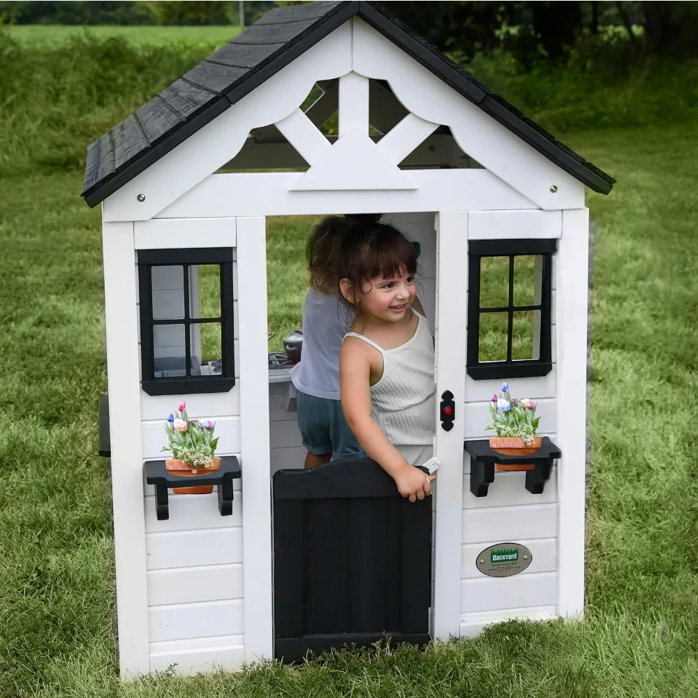 Sweetwater All Cedar White Modern Outdoor Wooden Playhouse  Kitchen with Pot and Pans and Utensils Flowerpot Holders Ages 2-6