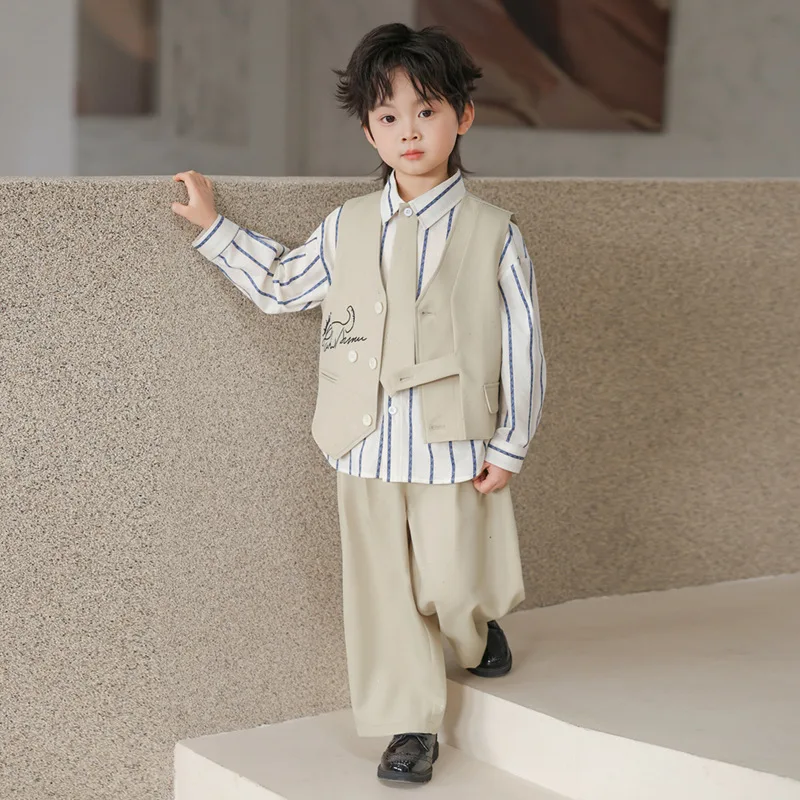 Vintage British Kids Formal Vest Suit Boys Sparkle Waistcoat Shirt Tie Pants for Graduation School Host Party Page Boy Costume