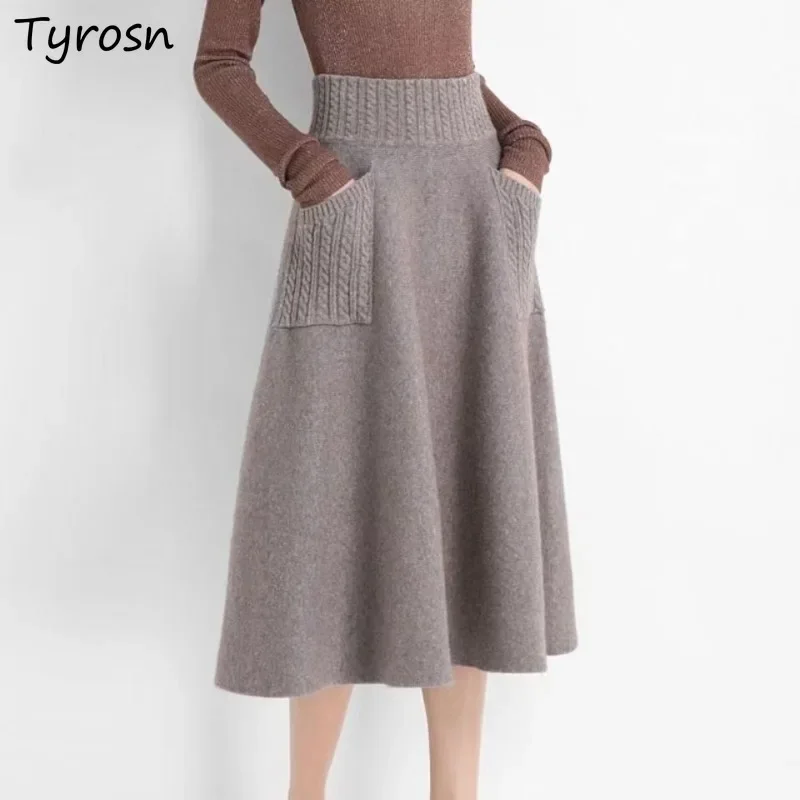 

Women Long Skirts Elegant Ladies Knitting Leisure Vintage Stretchy All-match Simple Streetwear Warm Pockets Solid Korean Style