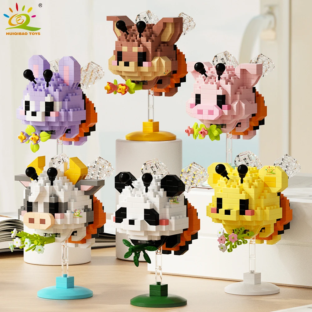 HUIQIBAO MOC Cute animal model Micro Building Block Panda Rabbit Bee Mini Diamond Model Brick Toy for Children Desk Decor.