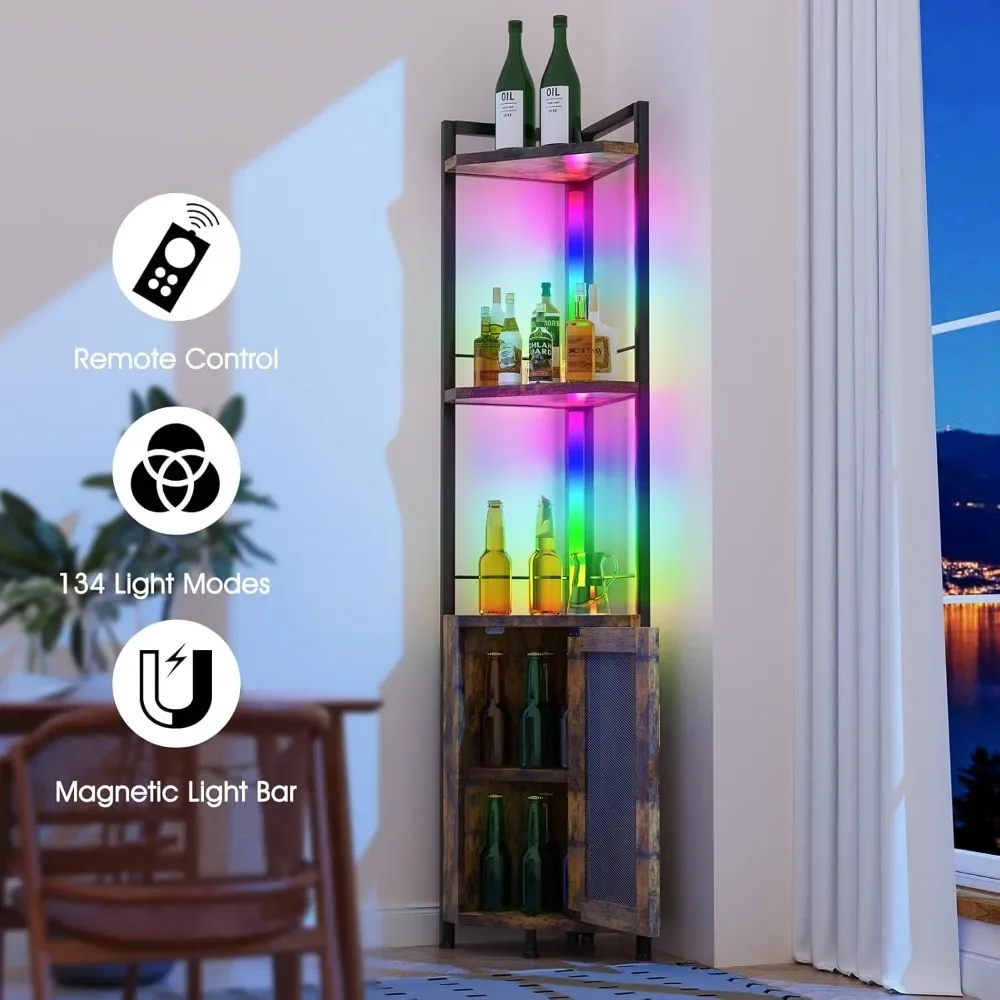 Armário de barras com luz RGB, armário de barras de prateleira de canto de madeira de ferro, prateleira alta para livros, decorar o armário de bar com porta, armário de barras