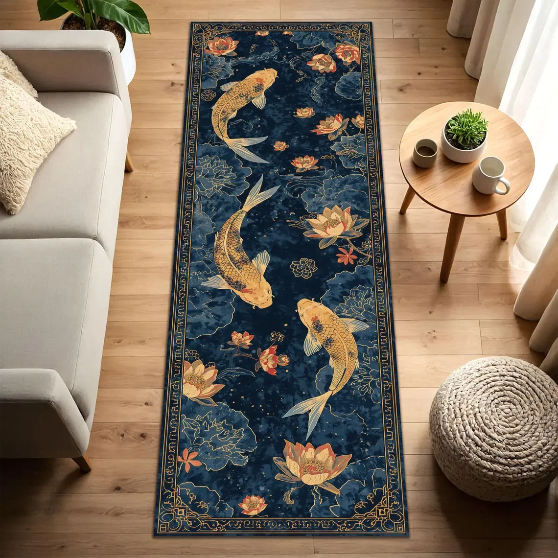 Oriental Serenity Runner Rug Navy Blue With Golden Koi And Pink Lotus Calming Zen Decor For Meditation Room Or Tea House