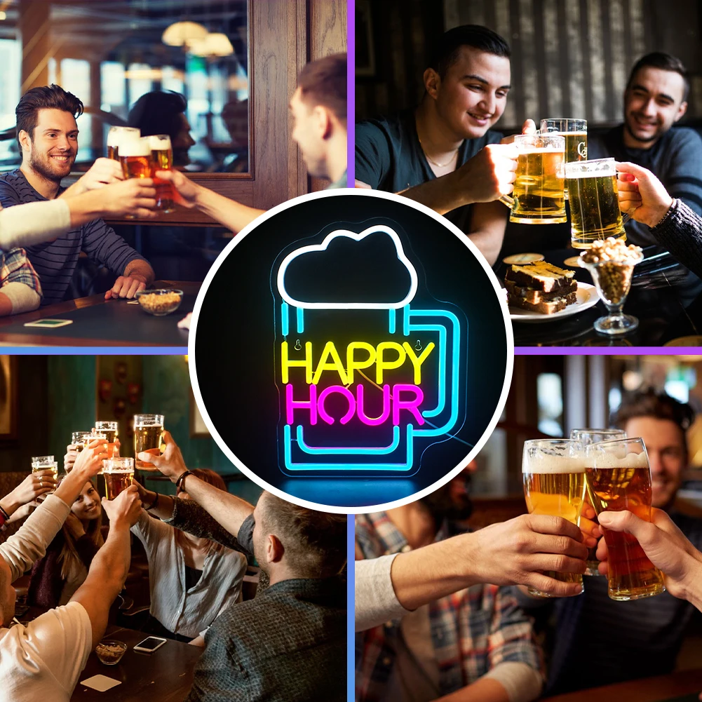 Happy Hour Neon Led Signs decorazione della stanza alimentato tramite USB per la decorazione della festa di compleanno luci al Neon lampade da parete per la decorazione del negozio