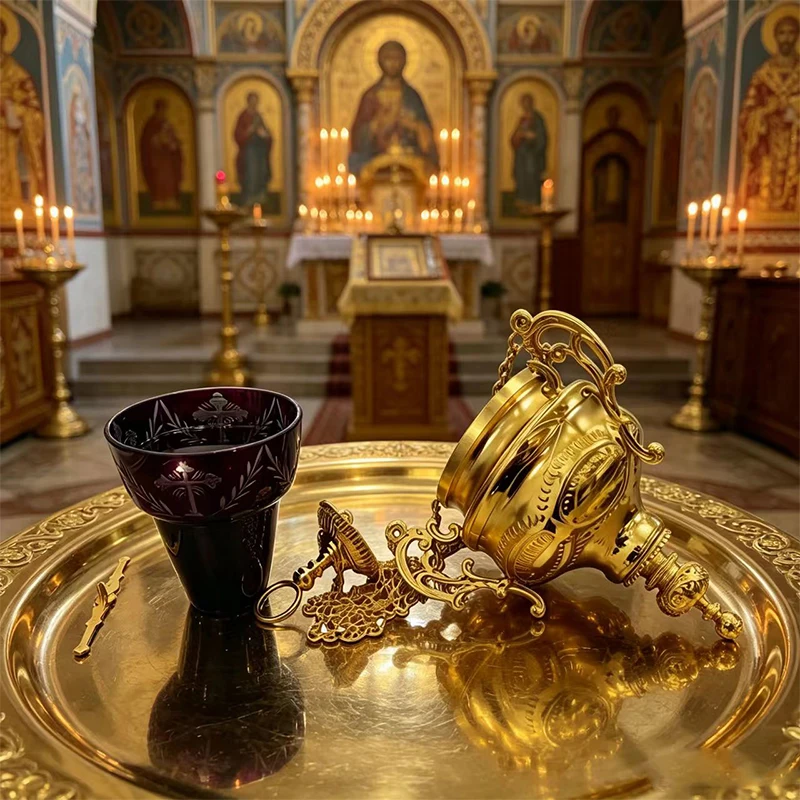 Vintage vergoldeter orthodoxer hängender Weihrauchbrenner mit lila Glasbecher für Kirchenliturgie, Hausaltar, christliches Geschenk – Detail 1