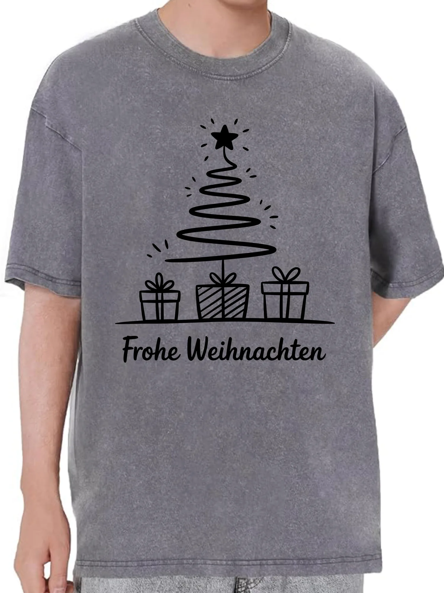 تي شيرت كبير الحجم بخطوط شجرة عيد الميلاد 230 جرام من القطن الثقيل المغسول للرجال برسومات مضحكة تي شيرت كاجوال كلاسيكي