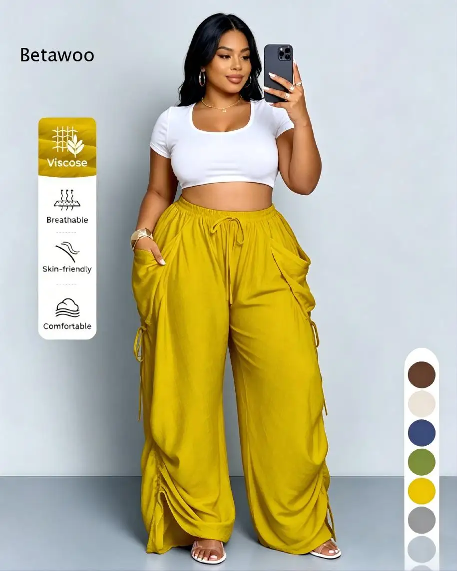 Women's Plus Size High Waist Drawstring Cargo Pants Loose Wide Leg Parachute Trousers with Multi Pockets for Street Casual Wear