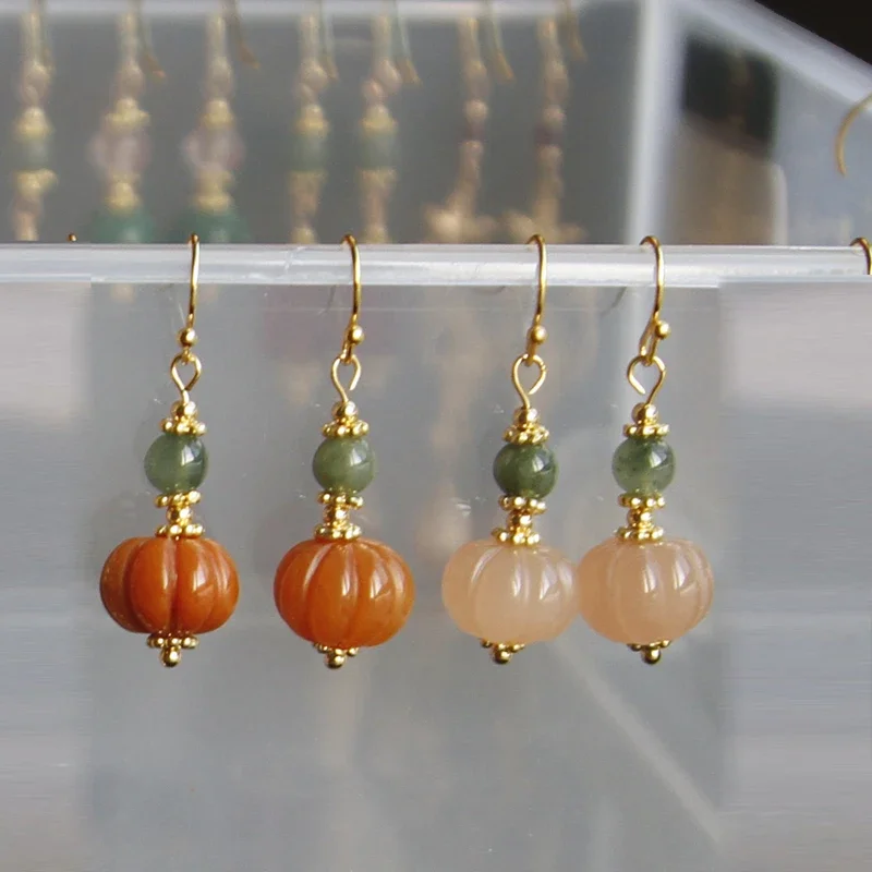 

925 Silver Natural Golden silk jade Pumpkin Earrings Accessories DIY Woman Charm Jewellery Fashion Hand-Carved Luck Amulet Gifts