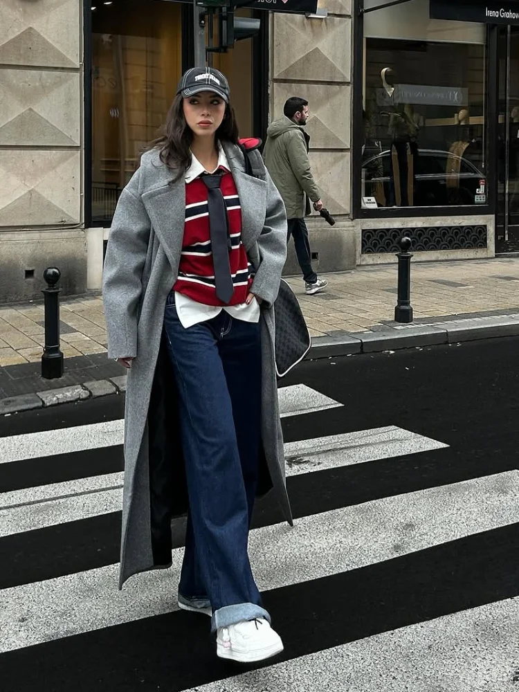 

Модное серое шерстяное пальто с лацканами, женское повседневное однобортное свободное длинное пальто с длинными рукавами и v-образным вырезом, новая женская зимняя теплая одежда