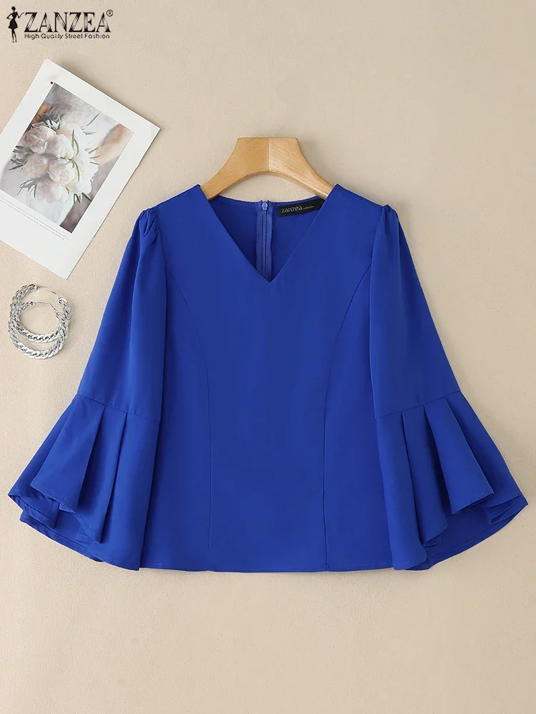 ZANZEA แฟชั่น 3/4 Flare Sleeve Blusas Mujer Elegant สตรี V คอเอวสั้นเสื้อเดินทาง Solid 2025 ฤดูร้อน OL เสื้อ