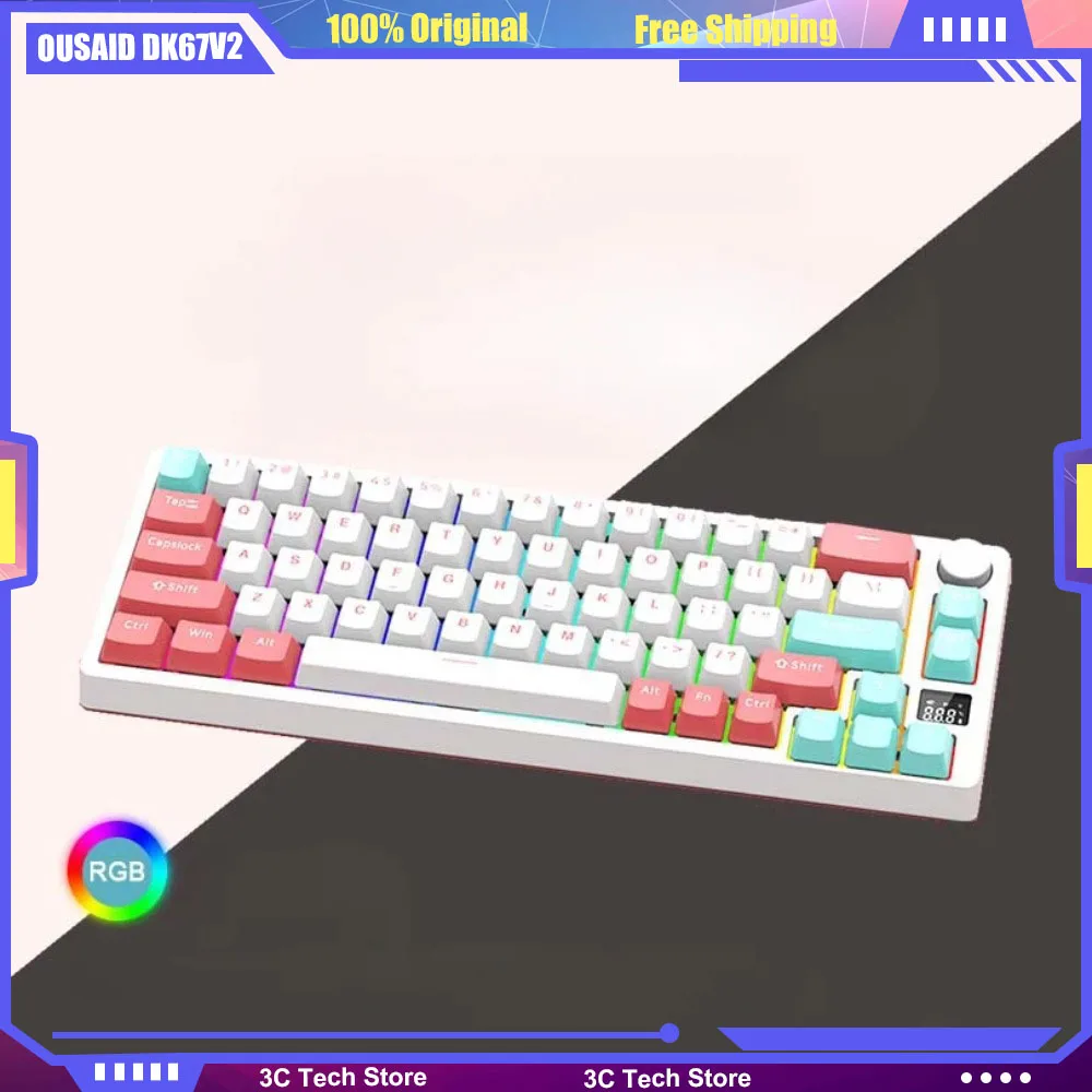 

OUSAID DK67V2 Mechanical Customized Keyboard Hot Swap Tri-mode Bluetooth Wireless 2.4G Type-c RGB with Knob Screen 66Keys 60%