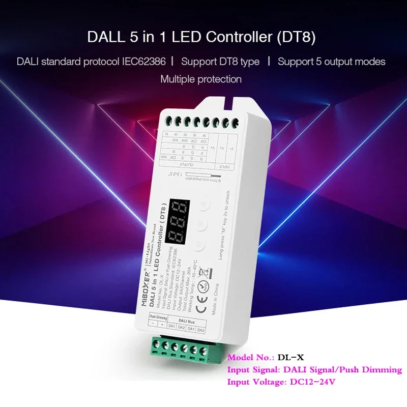 

DALI 5 IN 1 LED Controller DC12V 24V Dimmer Support DT8 Type RGBW RGB +CCT Output Mode Compatible MiBoxer DP1S/DP2S/DP3S/DL-POW1