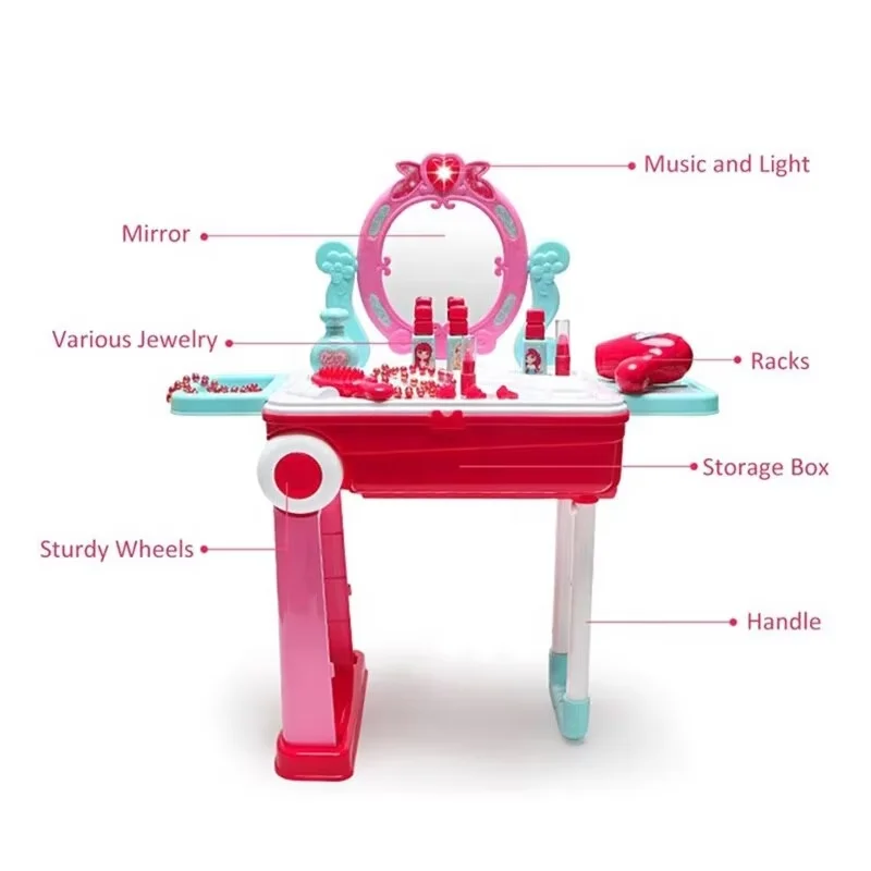 Beleza cômoda mesa fingir jogar princesa penteadeira conversível mala carrinho brinquedo conjunto portátil role play conjunto
