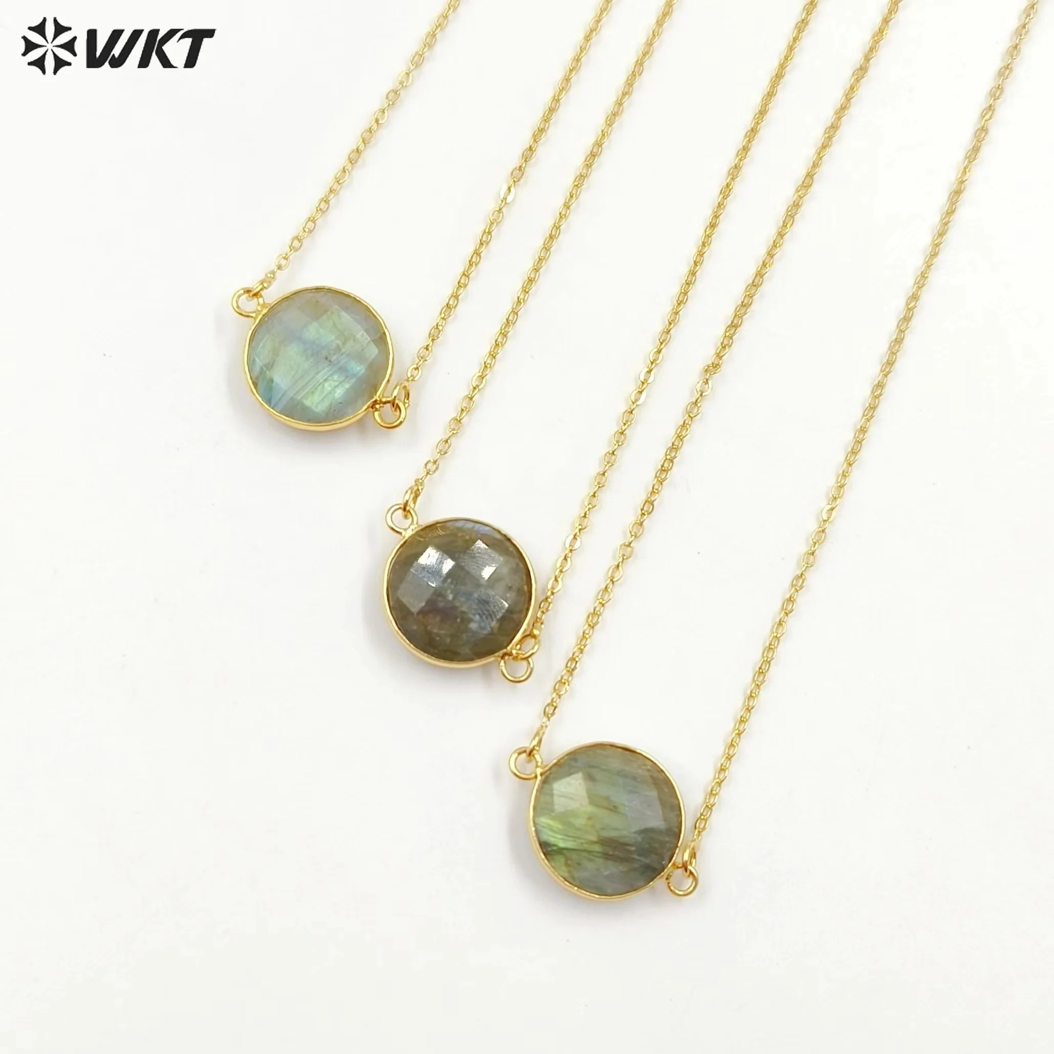 

WT-N754 Gold trim chain necklace wholesale 10pcs labradorite stone necklace round shape faceted labradorite necklace jewelry