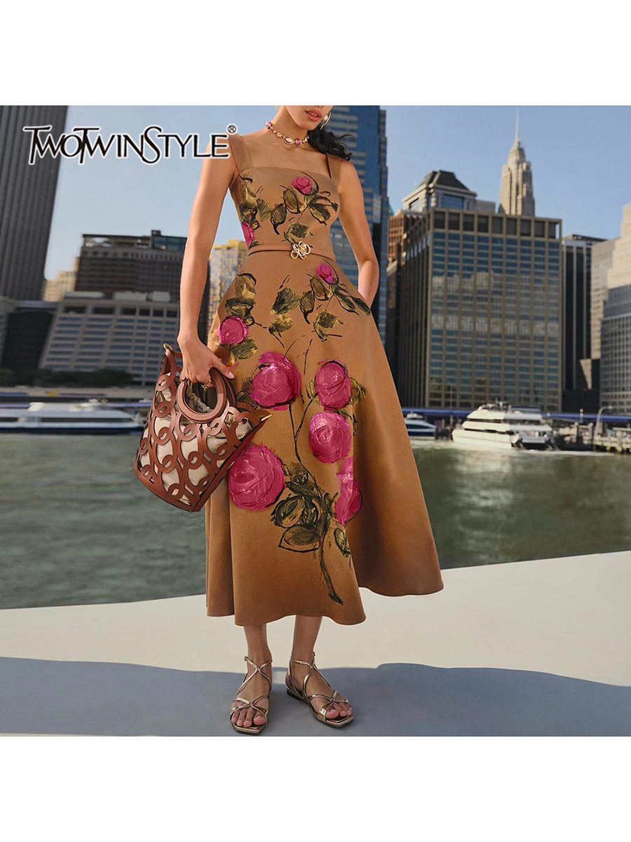 

TWOTWINSTYLE Hit Color Printing Slimming Dresses For Women Square Neck Sleeveless High Waist Temperament Long Dress Female New