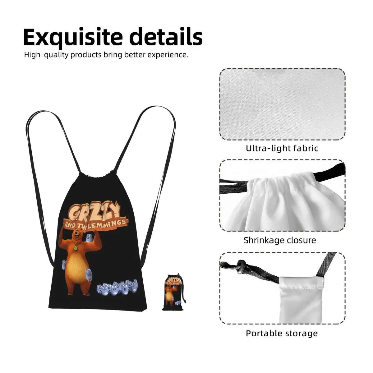 Grizzy And The Lemmings Drawstring Backpack hiking cycling Bag Lightweight Foldable Storage Drawstring Bag for Men Women