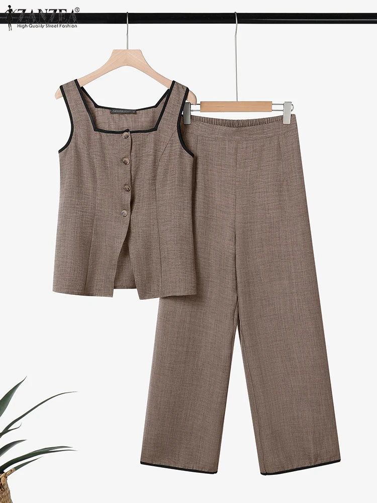 ZANZEA 여성 우아한 2 조각 세트 스퀘어 넥 민소매 탑 & 신축성있는 허리 바지 2pcs 정장 사무실 대비 파이핑 바지 세트