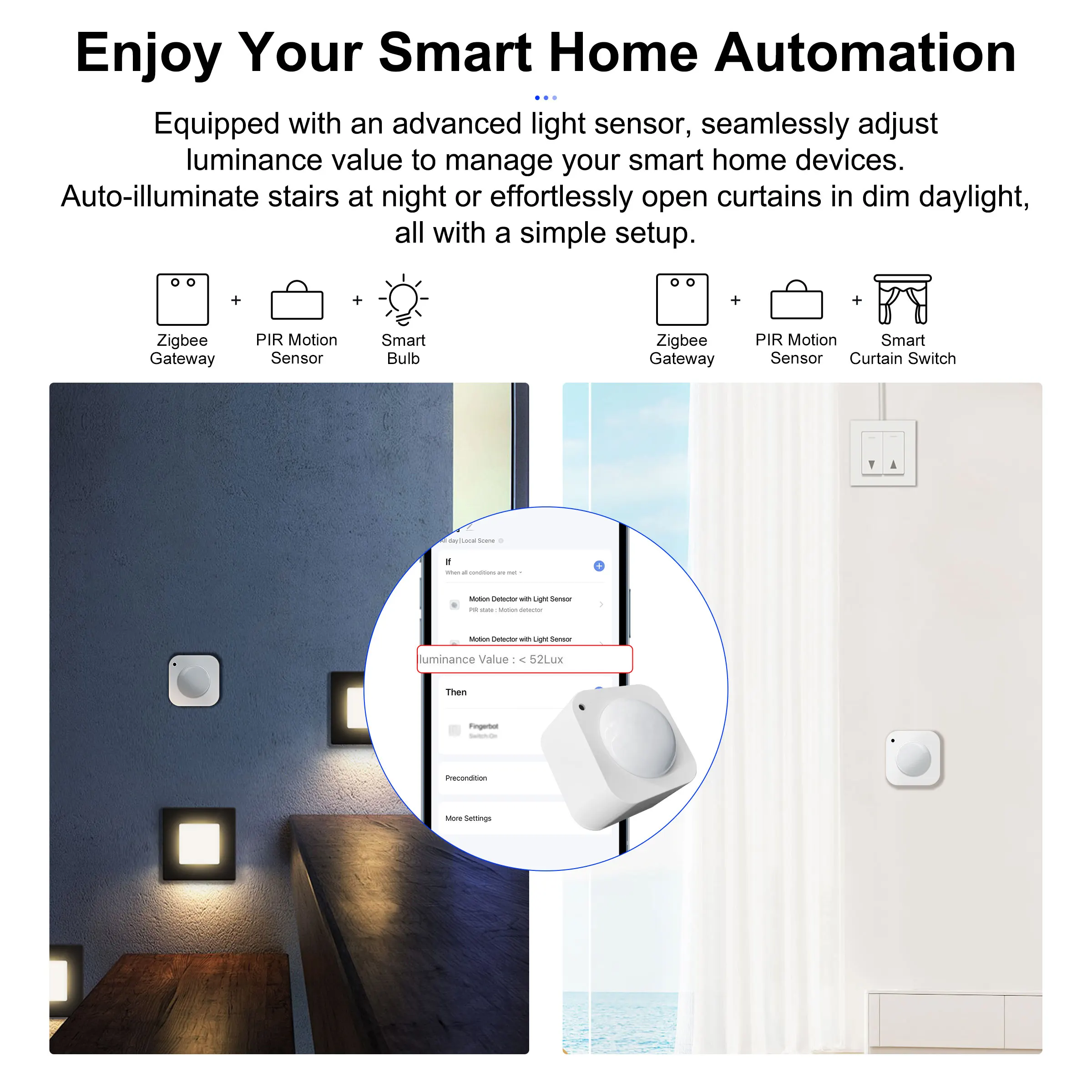 GIRIER Tuya ZigBee PIR Sensor de movimiento Detector de movimiento humano inteligente Sensor de luz incorporado para seguridad del hogar funciona con la aplicación Smart Life