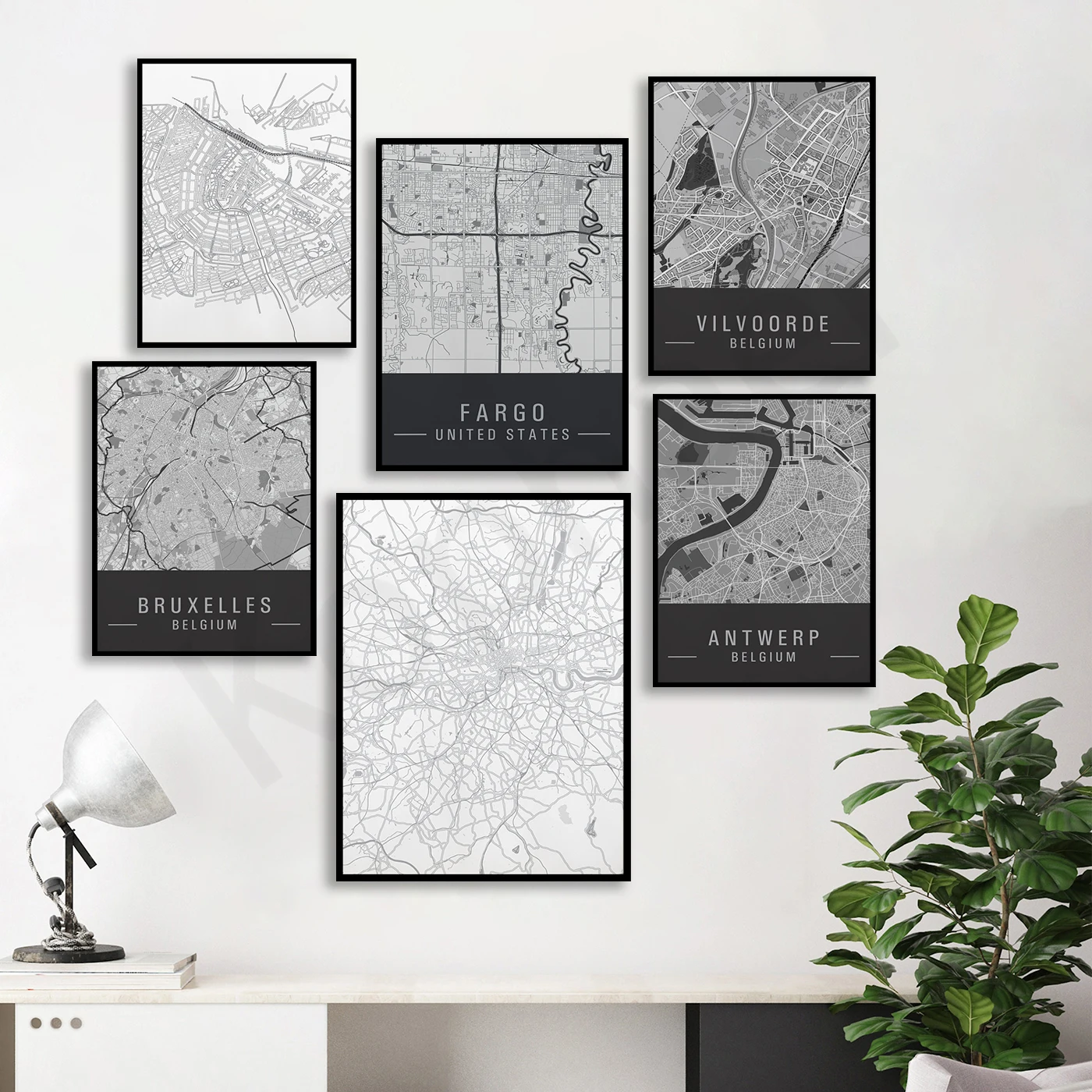 Seattle London Amster Fargo Wilford Brussels Antwerp. City Travel Map. Home Wall Decor Art Poster