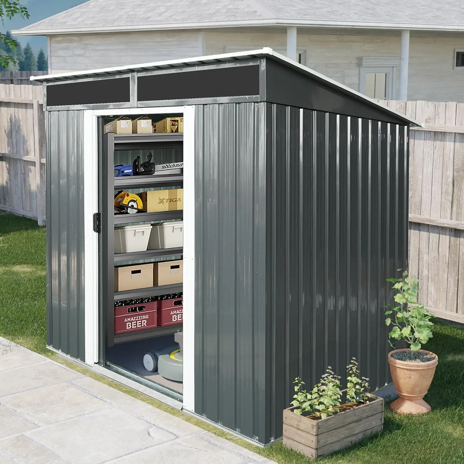 6x5 ft Metal Storage Shed, Galvanized Steel with Lockable Sliding Door, Air Vent & Transparent Plate,  Customized