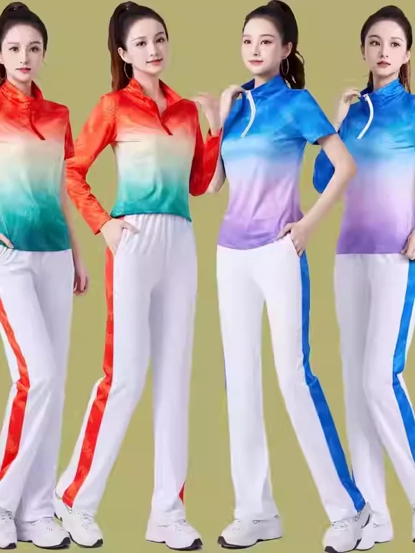Faionable adient Fitn Sportswear Set T orm Casual Square Dance Exercise Outfit High Waist Long Sve T-irt