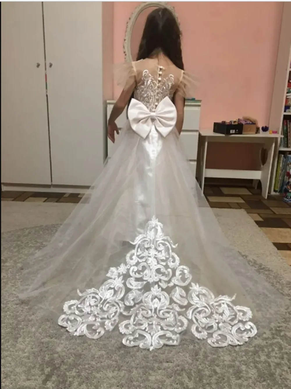 

White Bridesmaid Dress For Girls Lace Big Bow Flower Girl Dresses Ball Gown Kids Wedding Party Pageant First Communion Gown