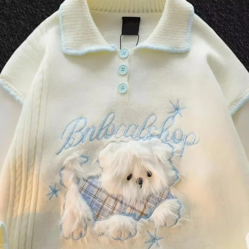 Sweet Lolita Girls Japanese Kawaii Fluffy Puppy Polo Sweater, Soft Pastel Collar Knit Top for Women Thicken Winter Warm Tops