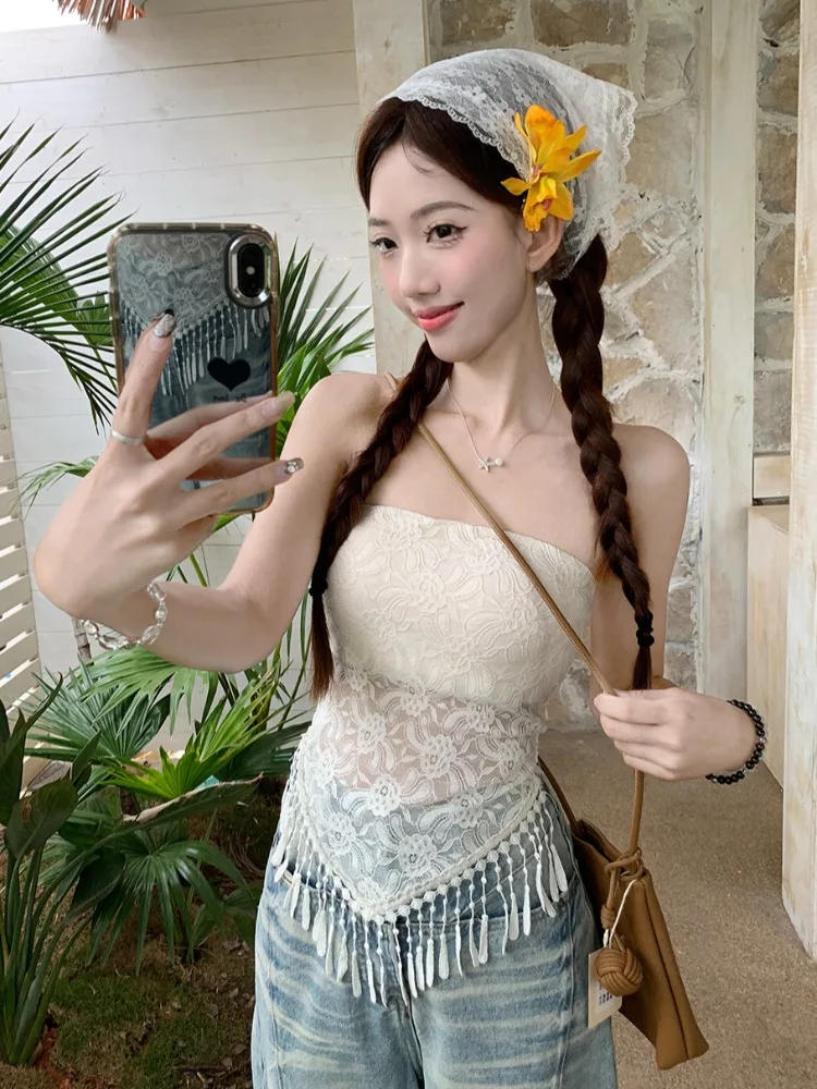 

Summer New Style Women's Lace Trim Camisole Tank Top Slimming Short Shirt Korean Version Commute Style Pure Color Holiday Pur...