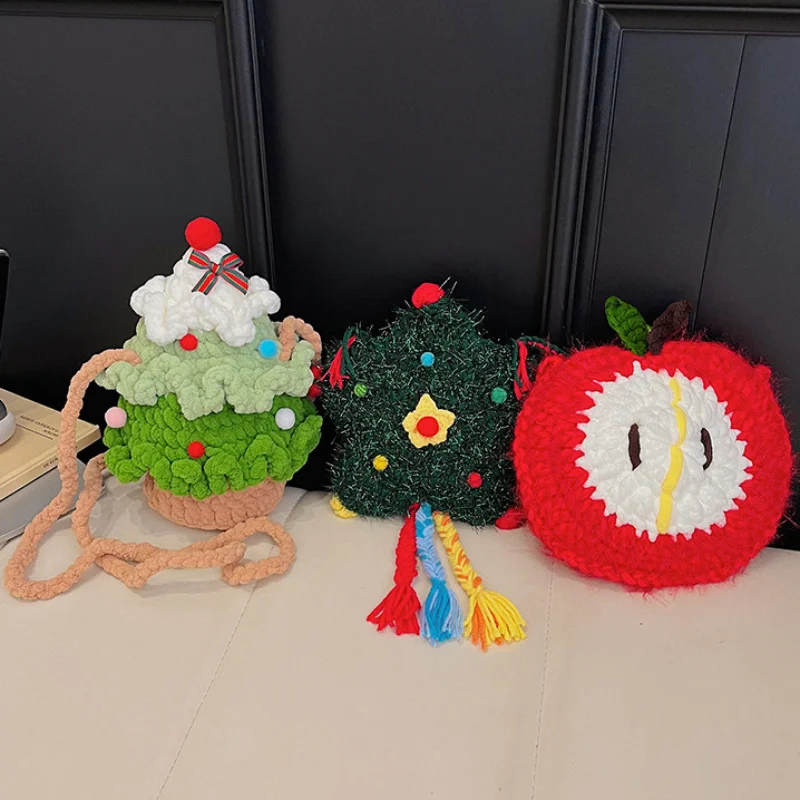 Christmas Crochet Crossbody Bag Handmade Knitted Cute Tree Apple Star Shape Small Shoulder Purse Pom Pom Decor Xmas Gift Women