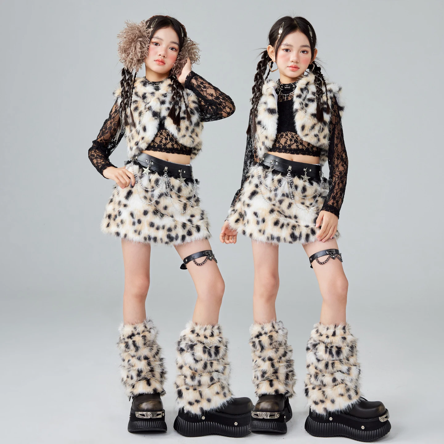 어린이 재즈 댄스 의상 소녀 레오파드 힙합 댄스 공연 의상 어린이 볼룸 댄스 의류 레이브 착용 XS10746