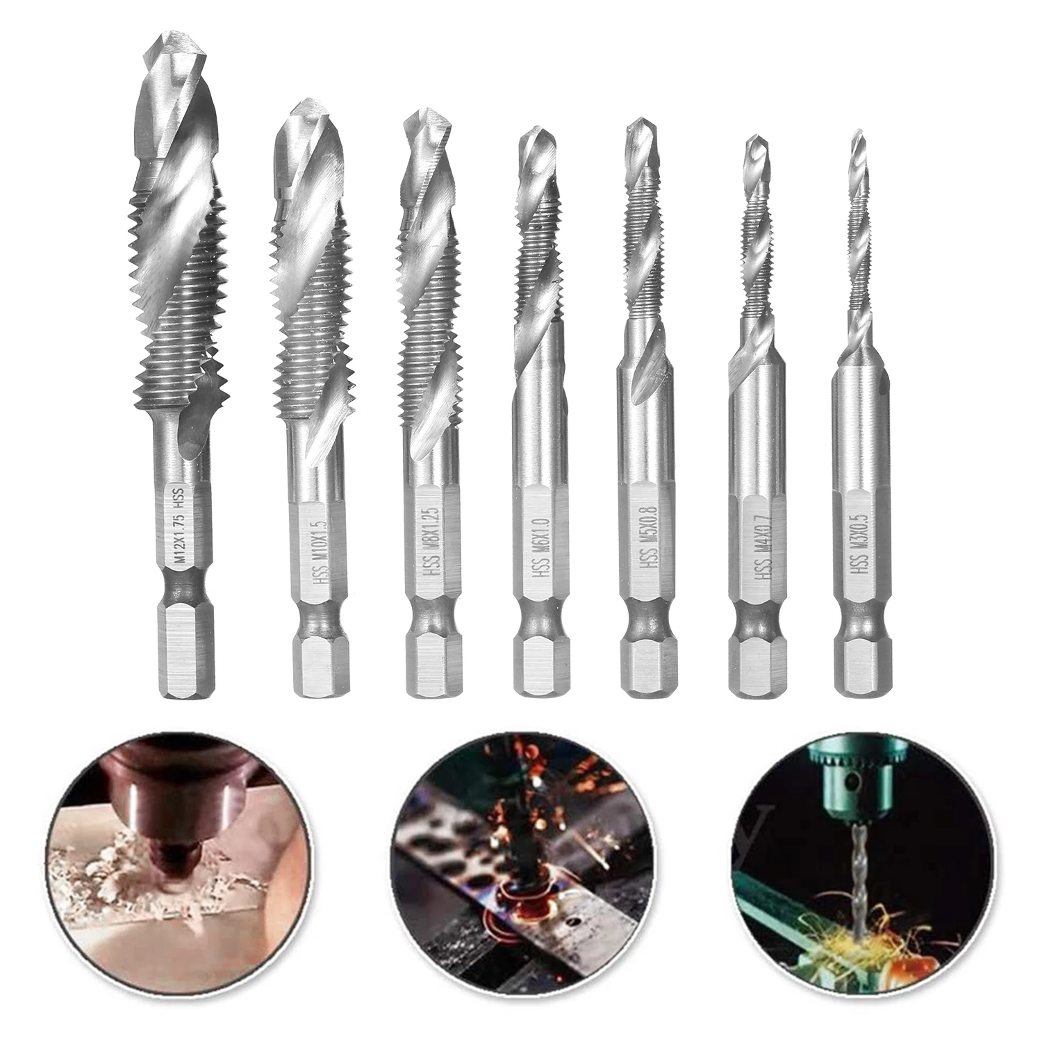 7Pcs Combination Drill and Tap Set Metric Thread HSS M3-M12 Screw Tapping bit Tool  1/4in Hex Shank Tap Drill Bits