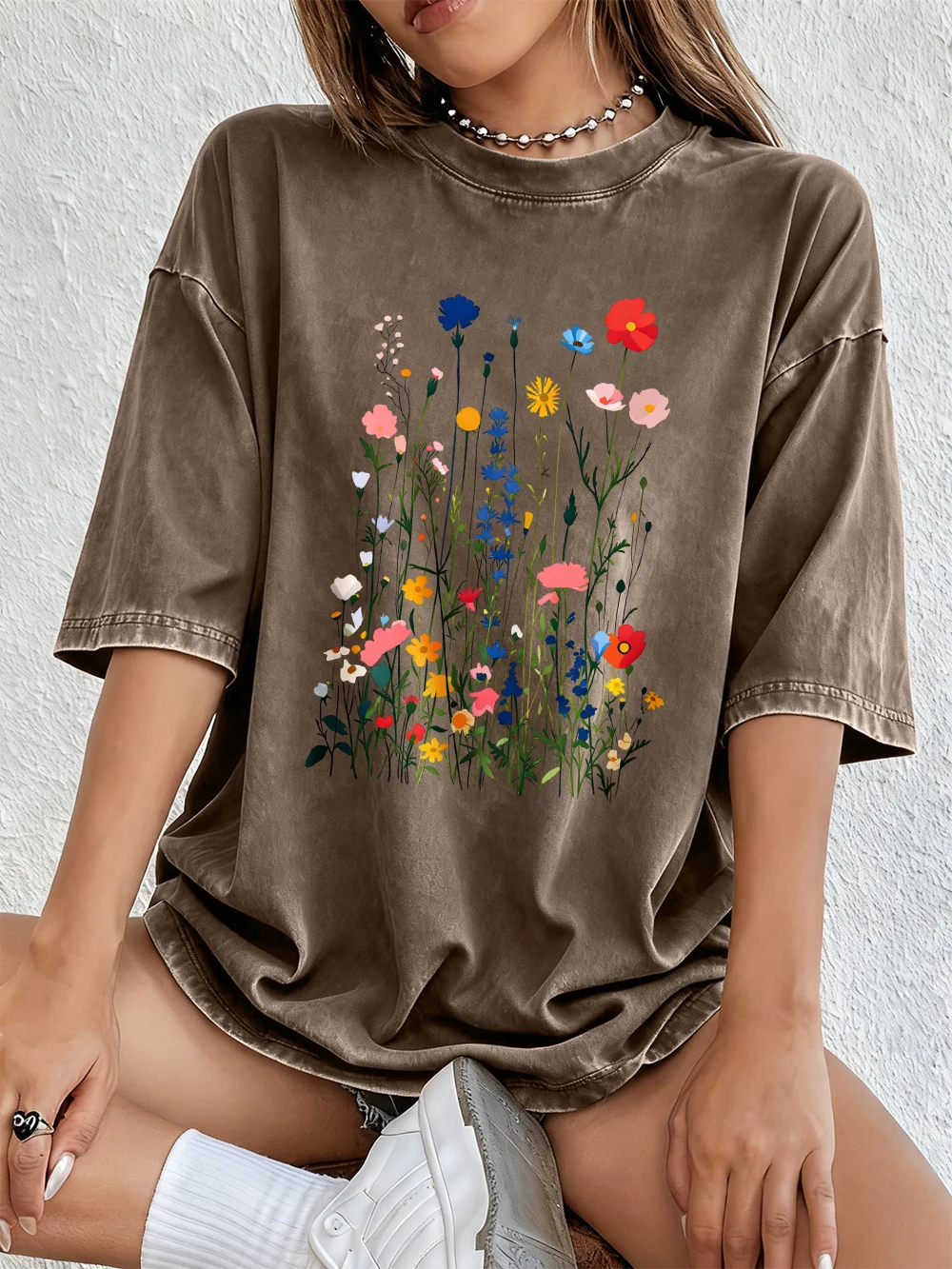 Blumen- und Pflanzenmuster Bedruckte Gewaschene T-Shirts Damen Baumwoll-Kurzarm-Tops Retro O-Ausschnitt Übergroße T-Shirts Sommerkleidung