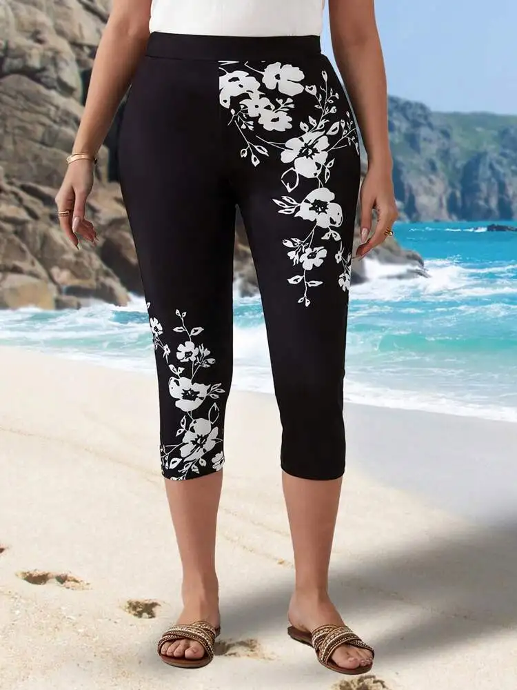 Spring/summer seaside holiday  flower print slim-fit elastic elastic waist tight casual capri leggings for women