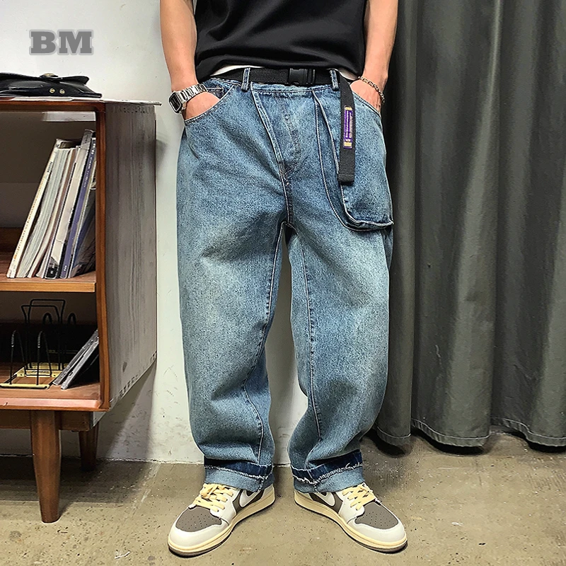 

American Hip Hop High Quality Large Pocket Jeans Men Clothing Harajuku Casual Vintage Denim Baggy Cargo Pants Straight Trousers