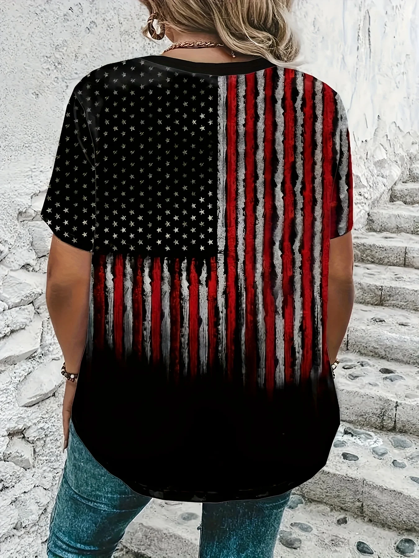 Camiseta de talla grande con cuello en V y bandera patriótica americana para mujer, pantalón corto informal, mezcla de poliéster elástico, lavable a máquina, primavera, verano, elección perfecta