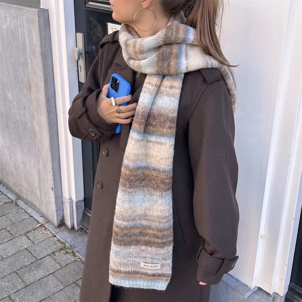 Y2K Gradient Striped Knitted Scarf for Women Wool Blend Tag Soft Cozy Long Slim Neck Wrap Fashion Winter Outdoor Street Neckwear