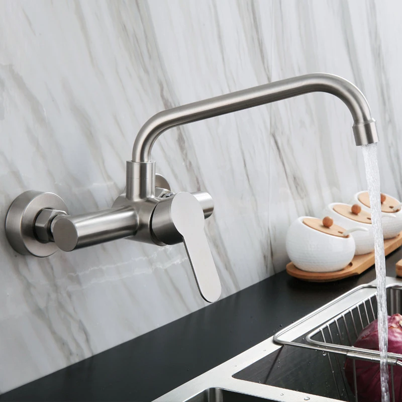 Kitchen Faucet Stainless Steel Bathroom Basin Sink Tap Wall Mounted 360 Degree Swivel Double Hole New Cold Water Mixer Tap Crane