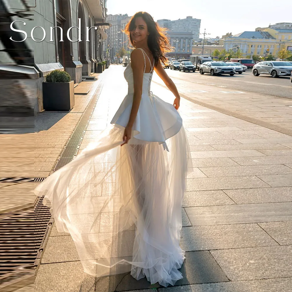 

Sondr Customized Sexy A-line Spaghetti Strap Wedding Dress Princess Sleeveless Wedding Snap Gowns Backless Bride Party Gown