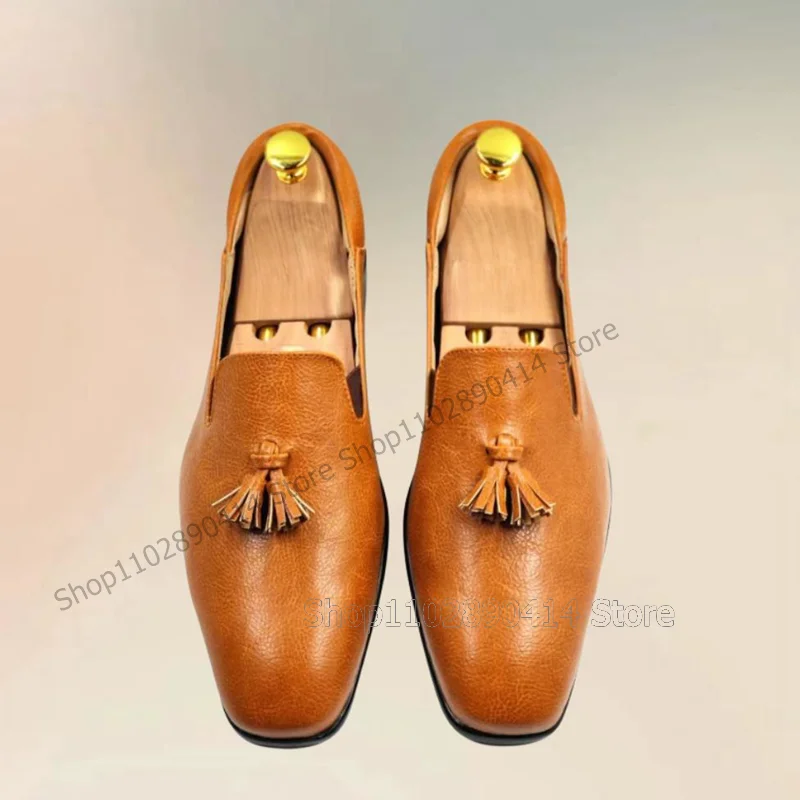 Brown Tassels Decor Crack Pattern Square Toe Loafers Fashion Slip On Men Shoes Luxurious Handmade Party Banquet Men Casual Shoes