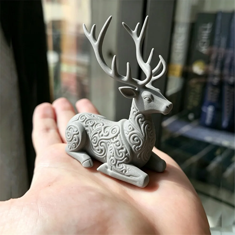 3D Printed Christmas Sitting Deer Statue Lying-Posture Realistic Small Deer Desktop Ornament Simple Vintage Swirl